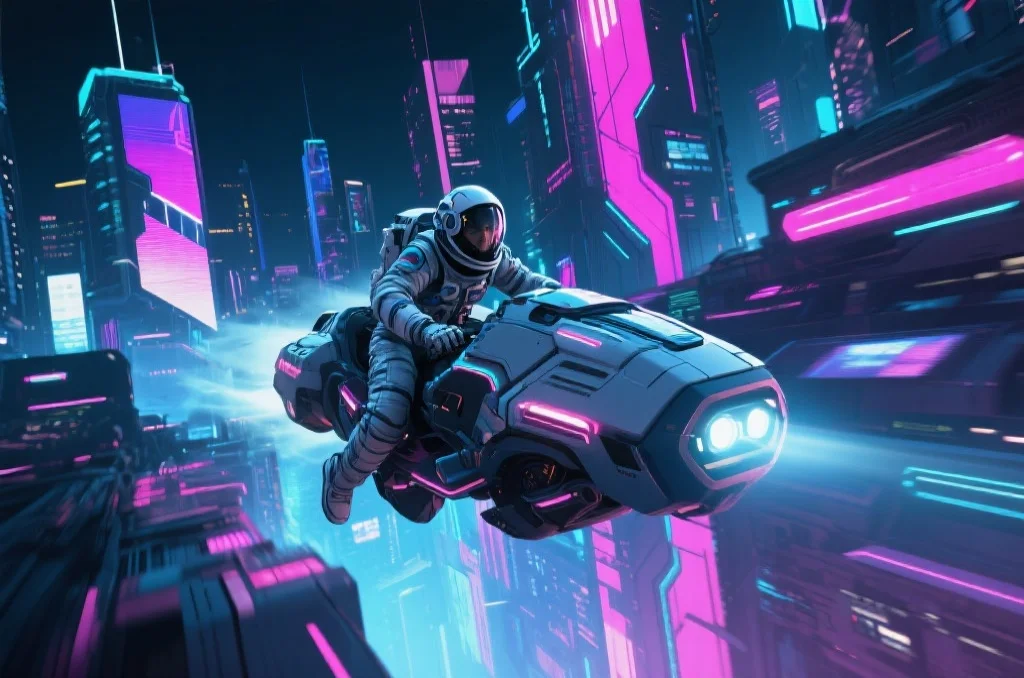 一名太空探险者穿着高科技宇航服在未来城市中驾驶飞行器，城市充满霓虹灯和科幻建筑